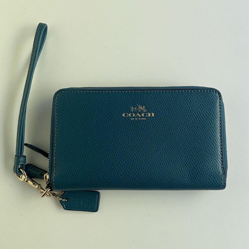 Coach Teal Leather Zip-Around Wristlet Wallet with Gold Logo